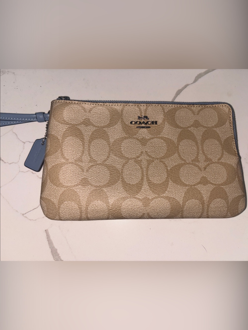 Coach Beige Signature Canvas Wristlet with Light Blue Trim